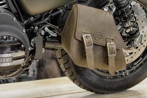 Brno,Czech Republic - March 4,2016 : Close-up of leather single-sided svingarm bag of motorcycle Harley Davidson Softail Slim S on International Fair for Motorcycles on March 4,2016 in Brno in Czech Republic